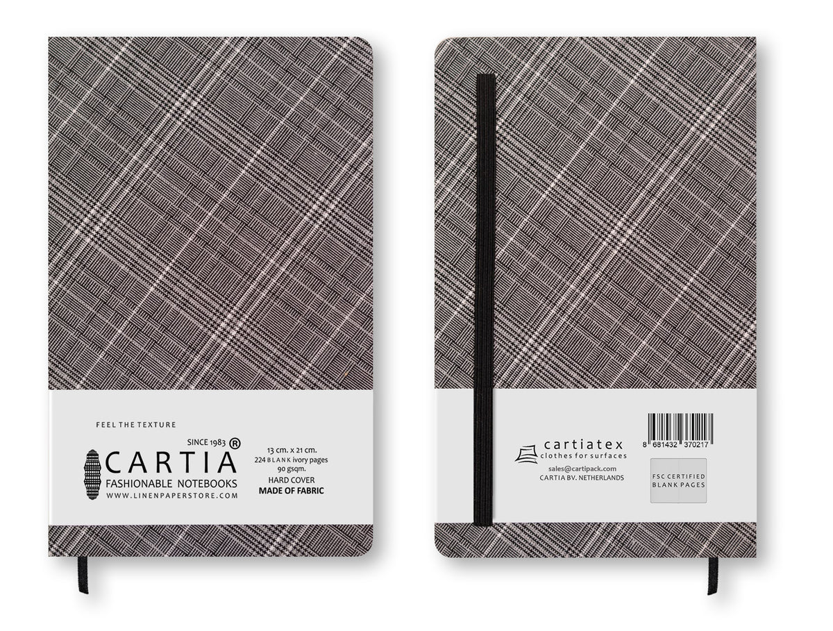 WOVEN HARDCOVER BLANK NOTEBOOK GREY TARTAN